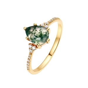 Pear cut moss agate ring in gold finish with micro-pave diamond accents on white background