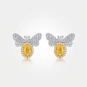 925 Sterling Silver Honeybee Stud Earrings For Women Yellow Rhinestone Oval Stone Animal Inlaid Jewelry With Silver Post