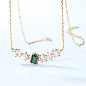 Elegant S925 silver necklace with emerald cut green moss agate and zircon accents