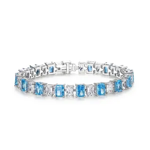 925 Sterling Silver Tennis Bracelet For Women Emerald Cut Blue White Zirconia Inlaid Luxury Elegant Chain Jewelry Gift