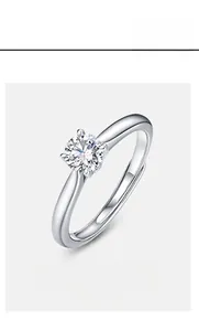 Detail showing an adjustable silver ring with a classic round four-prong moissanite setting
