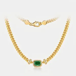 Luxury 925 Sterling Silver Necklace For Women 10K Gold Plated Emerald Green Rhinestone Pendant Cuban Link Chain Fashion Jewelry