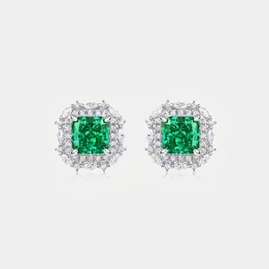 Boucles d'Oreilles Clous en Argent Sterling 925 Avec Zirconia Vert Émeraude Design Halo Géométrique Carré Bijoux Élégants pour Femme Mariage