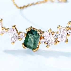 Gold S925 silver necklace with green moss agate pendant and white cubic zirconia accents