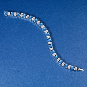 Elegant S925 silver tennis bracelet with blue and clear ice-cut carbon diamonds