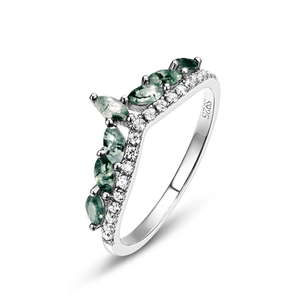 S925 silver crown ring with marquise-cut green moss agate stones and white zircons