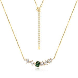 S925 sterling silver necklace with green rectangle gemstone and gold chain on white background