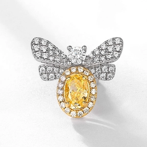 S925 silver bee stud earrings with yellow carbon diamond and white micro-pave stones