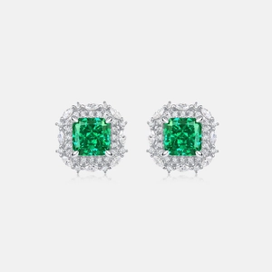 Boucles d'oreilles en argent S925 avec pierre verte émeraude et double halo de cristaux