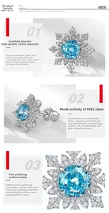 Détails de boucles d'oreilles flocon en argent S925 avec diamants bleu glacier