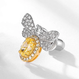 S925 silver bee earrings with yellow oval carbon diamond and pave white stones