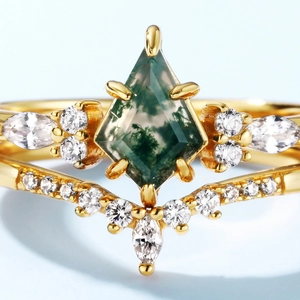 Bague en agate mousse taille cerf-volant et anneau chevron en argent S925 plaqué or