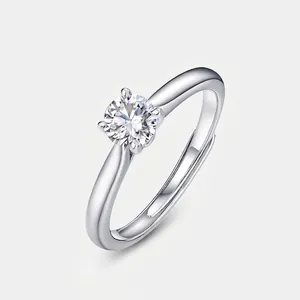Minimalist 925 Sterling Silver Moissanite Open Ring For Women Four-Prong Setting Adjustable Round Brilliant Cut Wedding Jewelry