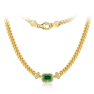 925 silver necklace with emerald-cut green stone and pavé accents on gold tank chain