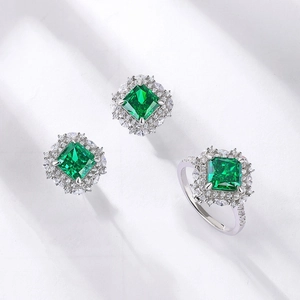 Parure bijoux en argent S925 avec bague et boucles d'oreilles pierre verte coupe émeraude