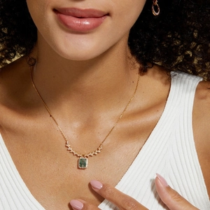 Elegant gold S925 silver necklace with rectangular green moss agate and white zircon accents