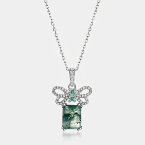 925 Sterling Silver Moss Agate Pendant For Women Vintage Butterfly Design Inlaid Rhinestone Green Gemstone Jewelry Pendant Only Without Chain