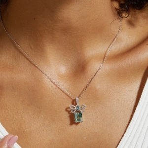 S925 silver moss agate necklace with rectangle green gemstone and diamond bow pendant