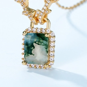 S925 silver moss agate necklace with a golden bow pendant inlaid with cubic zirconia