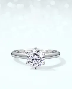 Classic six-prong moissanite ring detail showing ergonomic inner arc for comfort