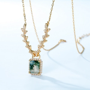 Gold S925 silver necklace with moss agate pendant and antler design with white zircons