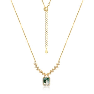 Golden S925 sterling silver necklace with a rectangular green moss agate pendant