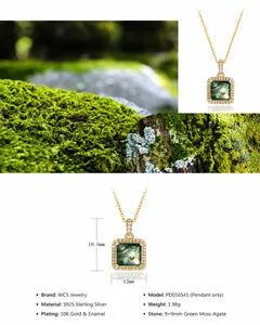 Detailopname van vierkante groene mosagaat hanger in S925 zilver met 10K goudlaagje