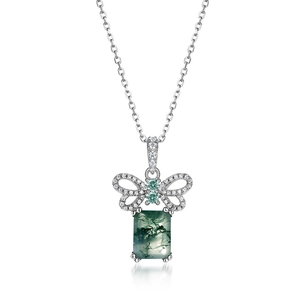 S925 silver butterfly necklace with green moss agate pendant and sparkling zircons