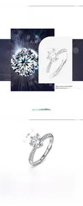 Detailed view of S925 silver moissanite ring with six-prong setting and adjustable band