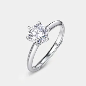 Classic Six-Claw 925 Sterling Silver Moissanite Ring For Women Adjustable Opening Engagement Wedding Band Fashion Jewelry