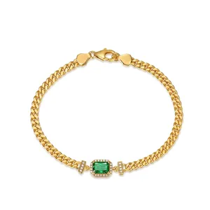 925 Sterlingsilber Armband Für Damen Smaragdgrün Rechteckig Strass Eingelegt Panzerkette Vergoldet Schmuck