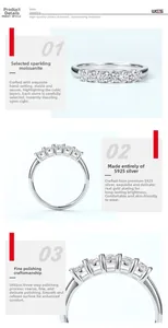 Detailed view of S925 silver ring featuring five round-cut moissanite stones in prong setting