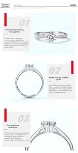 Detailed view of S925 sterling silver moissanite ring with six-claw setting and side stones