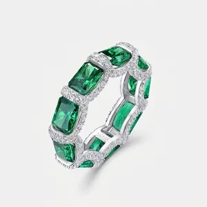 Emerald Cut Green Glass Eternity Ring 925 Sterling Silver Pave Rhinestone Band Ring For Women Wedding Jewelry Finger Ring