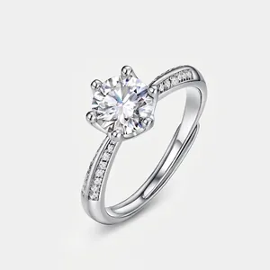 Luxurious 925 Sterling Silver Moissanite Ring For Women Adjustable Crown 6-Prong Sparkling Round Cut Anniversary Jewelry Finger Ring