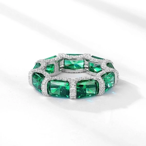 Elegant S925 silver ring with rectangle emerald green stone and white zircon accents