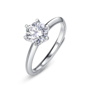 Classic six-prong S925 silver moissanite ring with adjustable open band for women