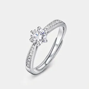 Classic 925 Sterling Silver Moissanite Ring For Women Six Prong Crown Setting Adjustable Open Ring Wedding Jewelry