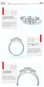 Detail of three-stone S925 silver moissanite ring with hand-set stones and gold plating