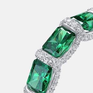 Emerald cut green crystal ring in S925 silver with sparkling pavé micro diamonds