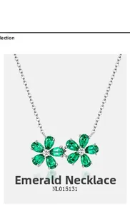 Detailed close-up of emerald floral necklace in S925 silver with pear-cut green gemstones
