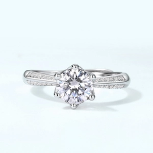 S925 sterling silver moissanite ring featuring a six-prong setting and side accent stones