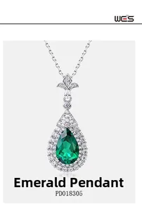 Vue détaillée du pendentif émeraude poire en argent S925 avec pavé de diamants