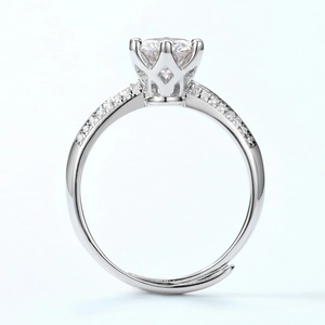 S925 sterling silver moissanite ring with six-prong crown setting and adjustable band
