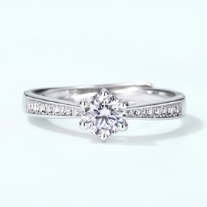 Sparkling S925 silver moissanite ring with six-prong setting and adjustable open band