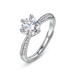 S925 sterling silver moissanite ring with six-prong setting and adjustable open band