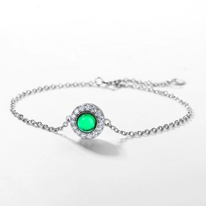 S925 silver bracelet featuring a green emerald pendant with white diamond halo