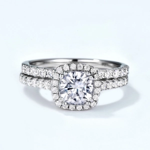 Luxurious S925 sterling silver moissanite ring set with cushion cut halo and pavé band