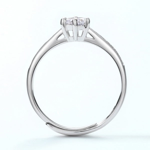 Classic S925 sterling silver moissanite ring with six-claw setting and adjustable open band