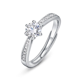 Elegant S925 sterling silver moissanite ring featuring a six-prong crown setting on white background